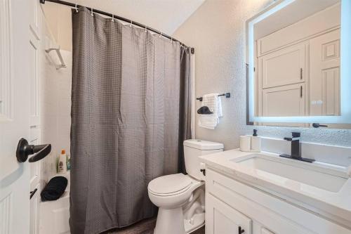 a bathroom with a toilet and a sink and a mirror at Your Modern 2B Getaway - W/D, Pool, Prkg - 10min to DTWN in Austin
