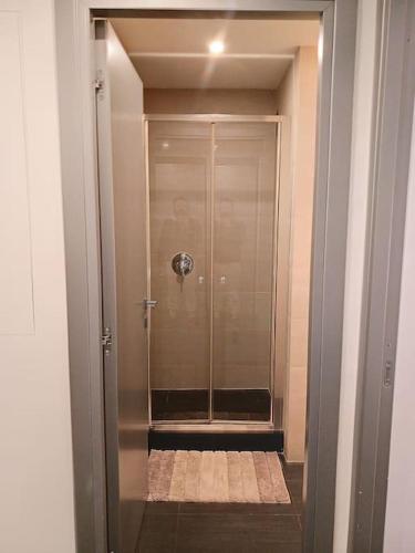 La salle de bains est pourvue d'une douche à l'italienne et d'une porte en verre. dans l'établissement Superbe appartement Juan-les-Pins 200m des plages, à Juan-les-Pins