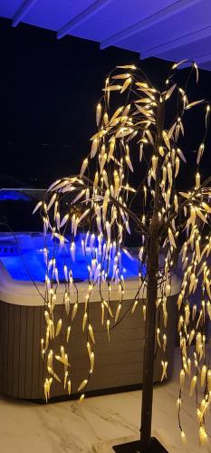 a tree covered in lights in front of a building at Euphoria luxury penthouse in Kavala