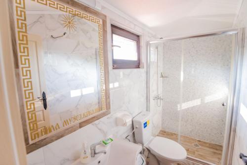 a bathroom with a toilet and a shower at Apartment in Antique Museum Filip in Bitola