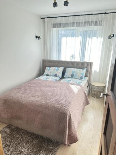a bedroom with a large bed with a window at Central Boulevard Apartment 2 in Šiauliai