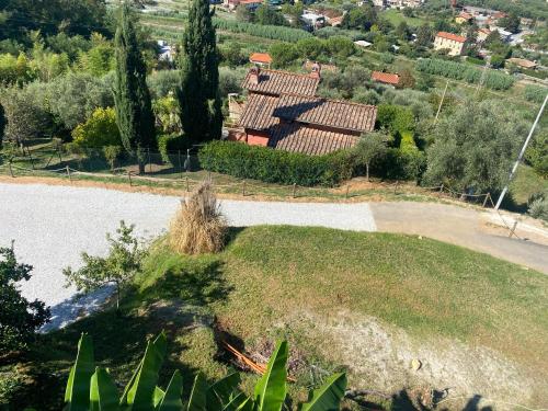 una vista aérea de una casa con un lago en Villa Patrizia Pietrasanta, en Pietrasanta