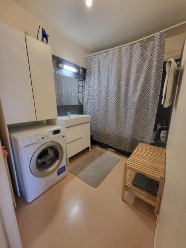 een keuken met een wasmachine en een wastafel bij appartement lumineux à 10mn de Paris in Romainville