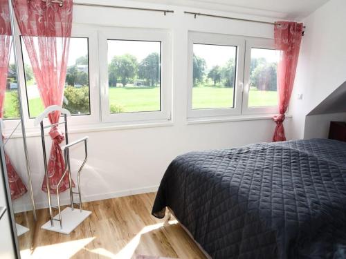 ein Schlafzimmer mit einem Bett und vier Fenstern in der Unterkunft Holiday apartment Elbe 