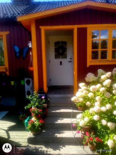 dom z motylem na drzwiach i kwiatami w obiekcie Konstnären Lenas hus. w mieście Bockara
