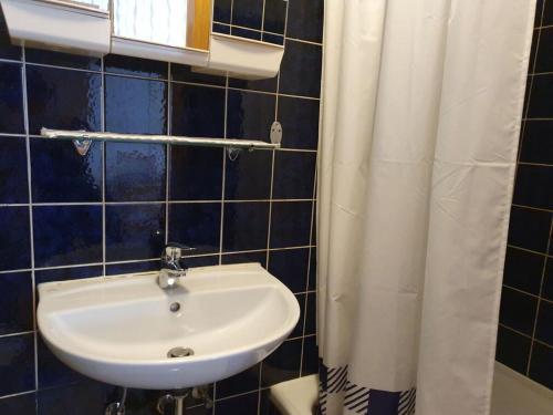 ein Bad mit einem Waschbecken und einem Duschvorhang in der Unterkunft Holiday apartment Lenz in Kröv