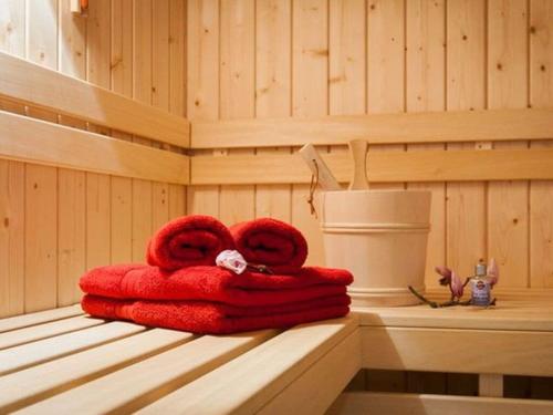 una sauna con due asciugamani rossi seduti su uno scaffale di Carl-Lambrecht-Chalet No 19 a Ilsenburg