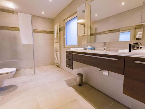 ein Bad mit einem Waschbecken, einem WC und einer Dusche in der Unterkunft Penthouse Tauberblick Terrace in Tauberbischofsheim
