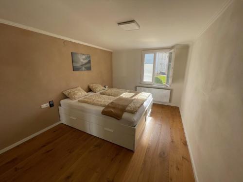 Schlafzimmer mit einem Bett und einem Fenster in der Unterkunft Schöne Wohnung in Feldkirch in Feldkirch