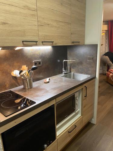 une cuisine avec un évier et une cuisinière dans l'établissement La Tarentaise., à Brides-les-Bains