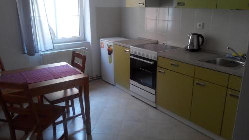 kuchnia ze stołem, zlewem i kuchenką w obiekcie Apartment Zámecká w mieście Děčín