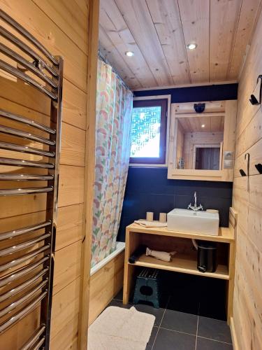 une salle de bain avec un lavabo et un miroir dans l'établissement La Coufa, spacieux Duplex en chalet, terrasse, jardin, vues montagnes, à La Giettaz
