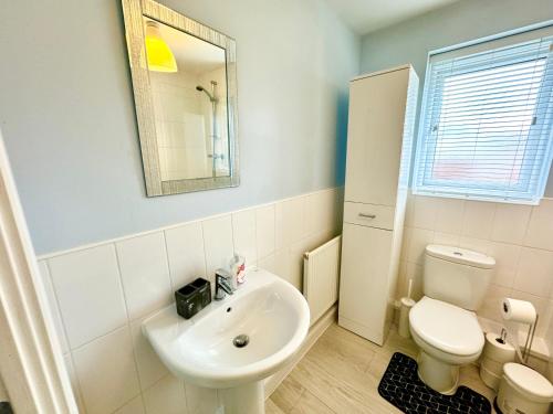 a bathroom with a sink and a toilet and a mirror at Modern 2-Bedroom Apartment in Bristol