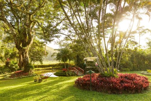 a garden with trees and red flowers in the grass at Pousada das Bromélias in Ipiabas