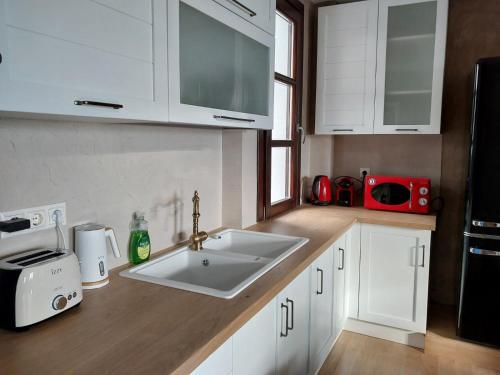a kitchen counter with a sink and a microwave at Delphi Gorge-view Chalet, Arachova in Arachova