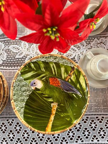 a bird on a branch on a table with flowers at Pousada Serra Morena in Serra do Cipo