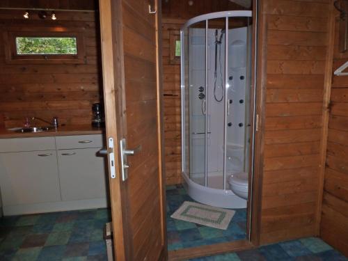 a bathroom with a shower and a toilet and a sink at Bed & Happiness in Wichmond