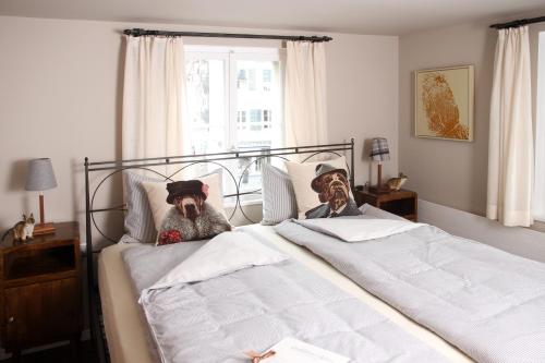two dogs are sitting on top of a bed at B&B Caffètino-Vino in Richterswil