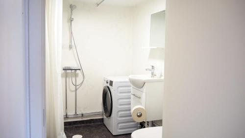 W łazience znajduje się toaleta, umywalka i prysznic. w obiekcie Komplett lägenhet med sjöutsikt w mieście Malmön