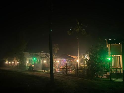 een straat 's nachts met een palmboom en huizen bij Resort Green Earth in Tajpur