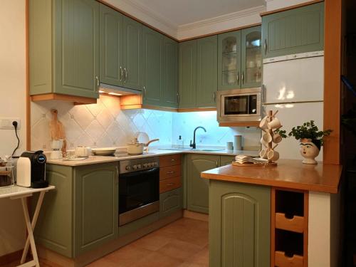 a kitchen with green cabinets and a stove top oven at As Conchas in Vilagarcia de Arousa
