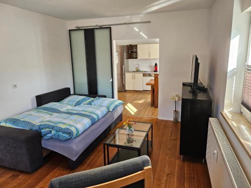 1 dormitorio con 1 cama y sala de estar en Apartment Home 1, en Schwabach