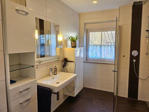 a bathroom with a sink and a shower at Apartment Home 1 in Schwabach