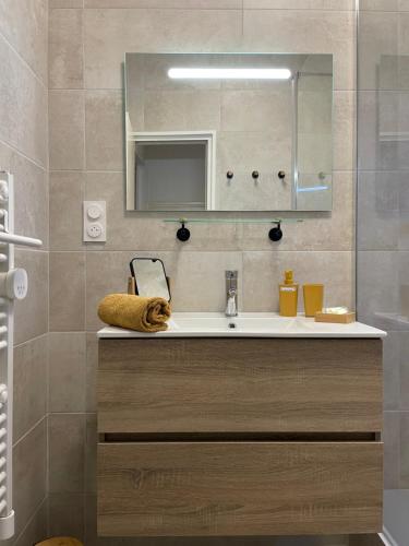 uma casa de banho com um lavatório e um espelho em T2 plein centre au 1er étage avec parking privé em Millau