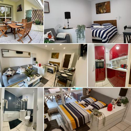 un collage de photos d'un salon et d'une cuisine dans l'établissement Studio Rénové au calme avec Terrasse Trouville, à Trouville-sur-Mer