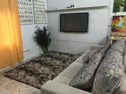 sala de estar con sofá y TV de pantalla plana en Cabana parque en Antônio Prado