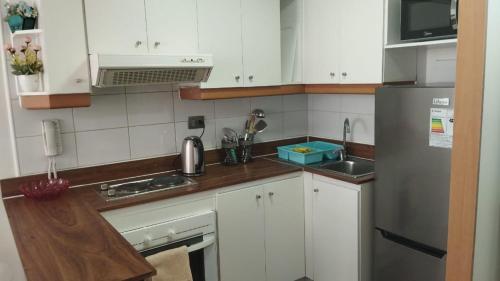a kitchen with white cabinets and a stainless steel refrigerator at Departamentos Santiago Centro # 402 in Santiago