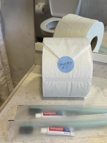 a toothbrush and a tube of toothpaste and a roll of toilet paper at Wanderlust House in Ponta Delgada