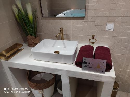 een badkamer met een wastafel, een toilet en een spiegel bij Gîtes des Colombières & Spa in Saint-Maixent-sur-Vie