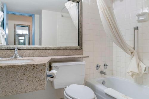 a bathroom with a toilet and a sink and a tub at Quality Inn & Suites Banquet Center in Livonia