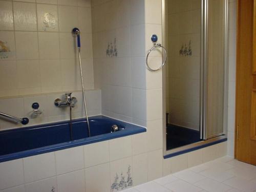 y baño con ducha y bañera azul. en Ferienwohnung Späth, en Neuschönau