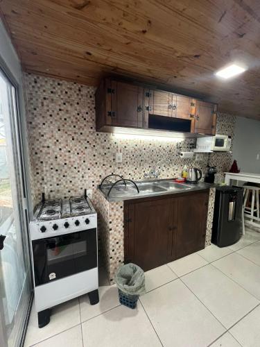uma cozinha com um fogão e um lavatório em Monoambiente Freyja em Chuy