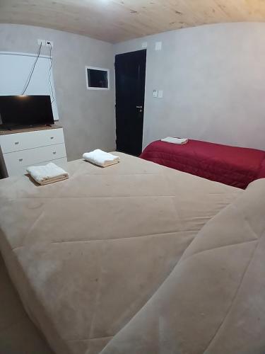 1 dormitorio con 1 cama grande y 2 toallas. en La Cascaruda Deptos en Perito Moreno