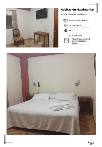 two pictures of a bedroom with a bed and a table at Hotel Andalucia in Salta
