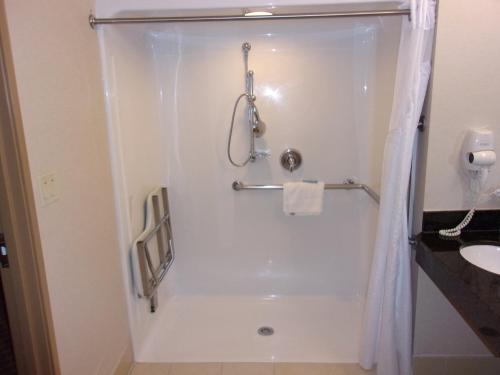 W łazience znajduje się prysznic i umywalka. w obiekcie Holiday Inn Express Hotel & Suites Chicago West Roselle, an IHG Hotel w mieście Roselle