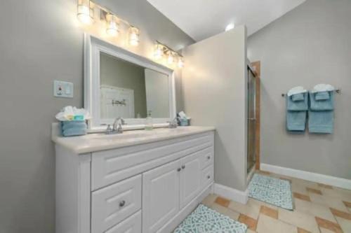 a bathroom with a sink and a mirror and a shower at Sunset Cove Lakefront Luxury Lodge with Private Dock in Dandridge