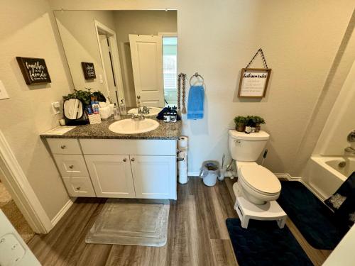 a bathroom with a toilet and a sink and a mirror at Superb Home 7 minutes from Lackland Air Force Base in San Antonio