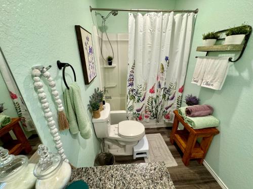 a small bathroom with a toilet and a shower at Superb Home 7 minutes from Lackland Air Force Base in San Antonio