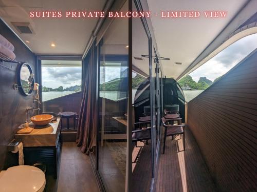 a view from the inside of a boat with a bathroom at Scarlet Pearl Cruises - Wonder On Lan Ha Bay in Ha Long