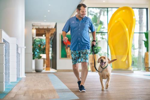 a man walking a dog down a hallway at Margaritaville Beach Resort South Padre Island in South Padre Island