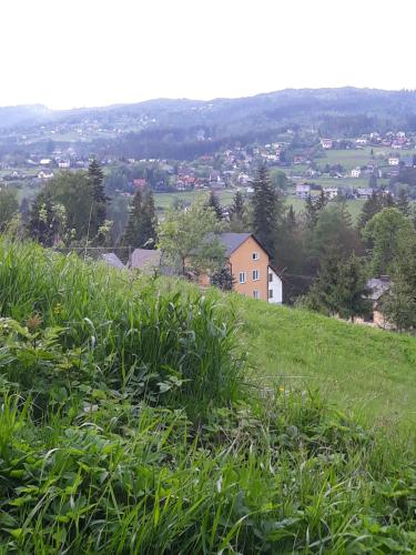 a grassy hill with a house on top of it at Pokoje u Juroszka in Istebna