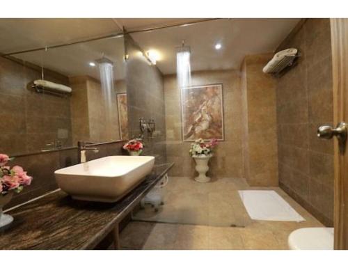 ein Badezimmer mit einem Waschbecken und einer Badewanne in der Unterkunft Royal Park Resorts, Zirakpur, PB in Zirakpur