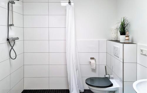 a white bathroom with a toilet and a shower at Awesome Apartment In Passow Ot Charlottenho With Wifi in Zahren