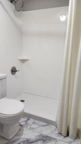 uma casa de banho com um WC e uma cortina de chuveiro em Days Inn by Wyndham Frankfort em Frankfort