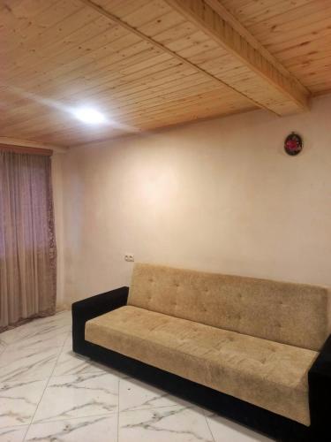 Hostel in Katskhi في Katsʼkhi: أريكة في غرفة معيشة مع سقف