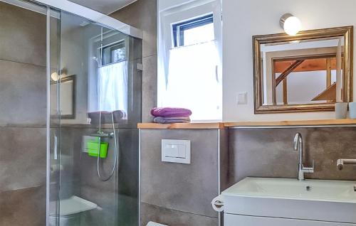La salle de bains est pourvue d'une douche, d'un lavabo et d'un miroir. dans l'établissement Cozy Home In Kolbnitz With Wifi, à Unterkolbnitz